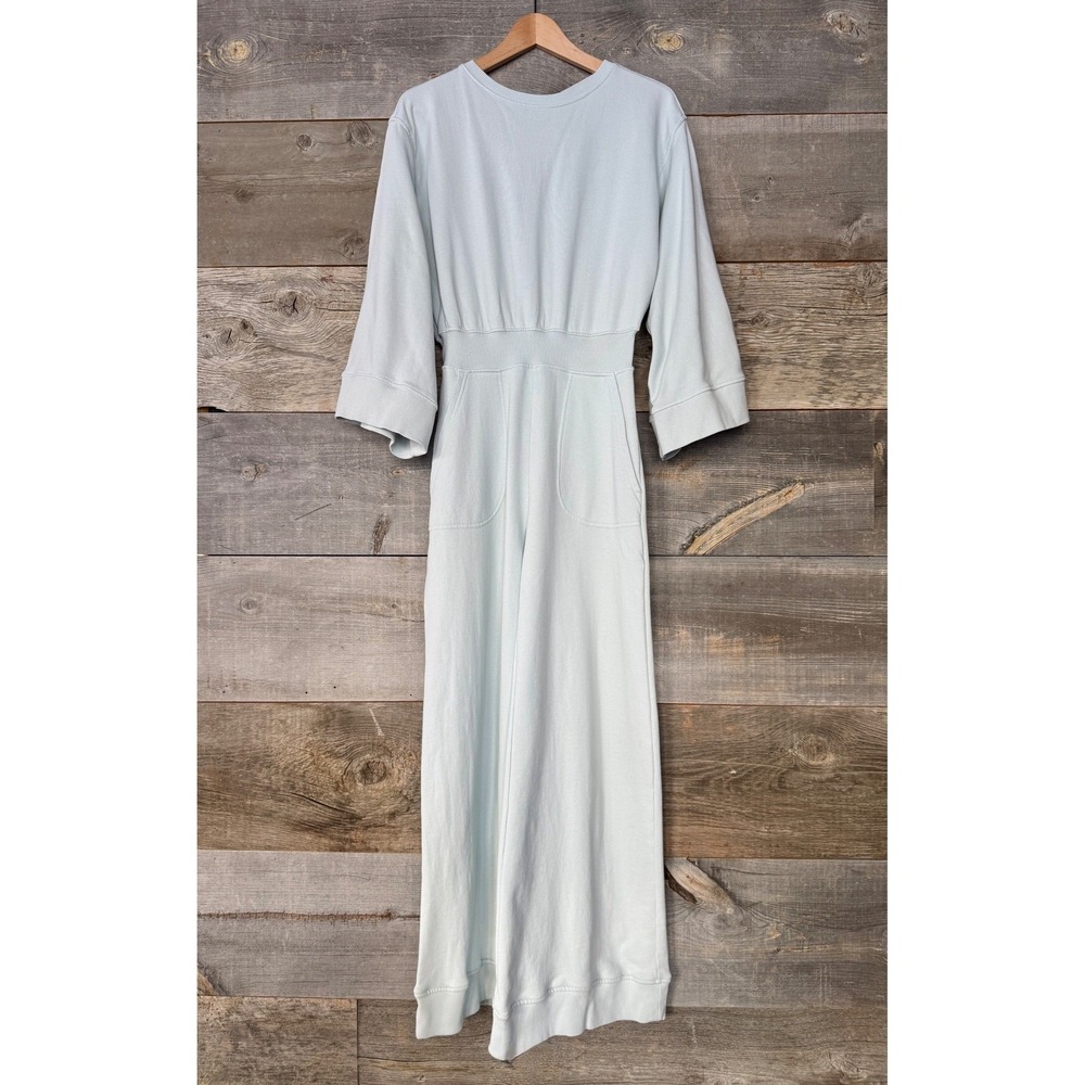 Warm NY Womens Wide Leg Terry‎ Cotton Jumpsuit S/M Light Blue 3/4 Sleeve Lounge